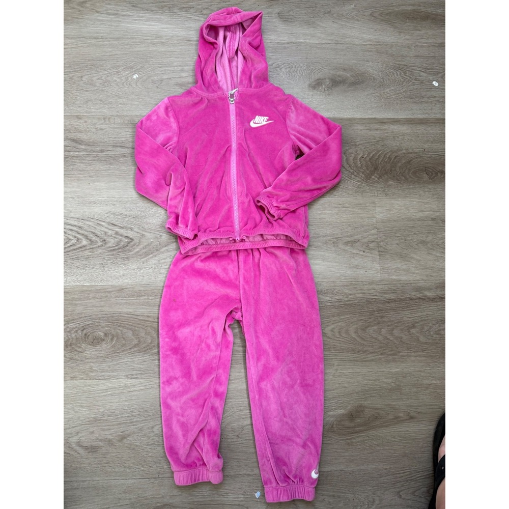Nike Girls Pink Velour Tracksuit Set Full Zip Hoodie and Jogger Pants 2 Piece